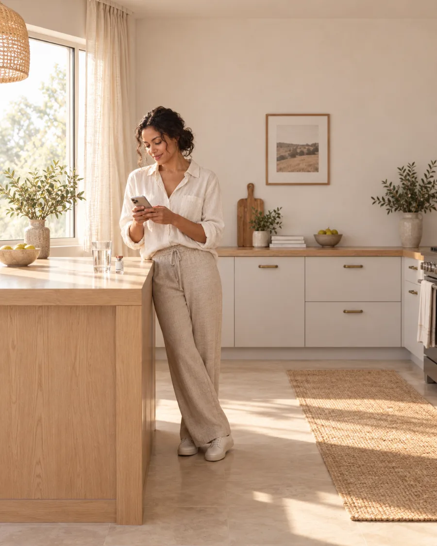 Woman checking her plan in the XCeed app at home