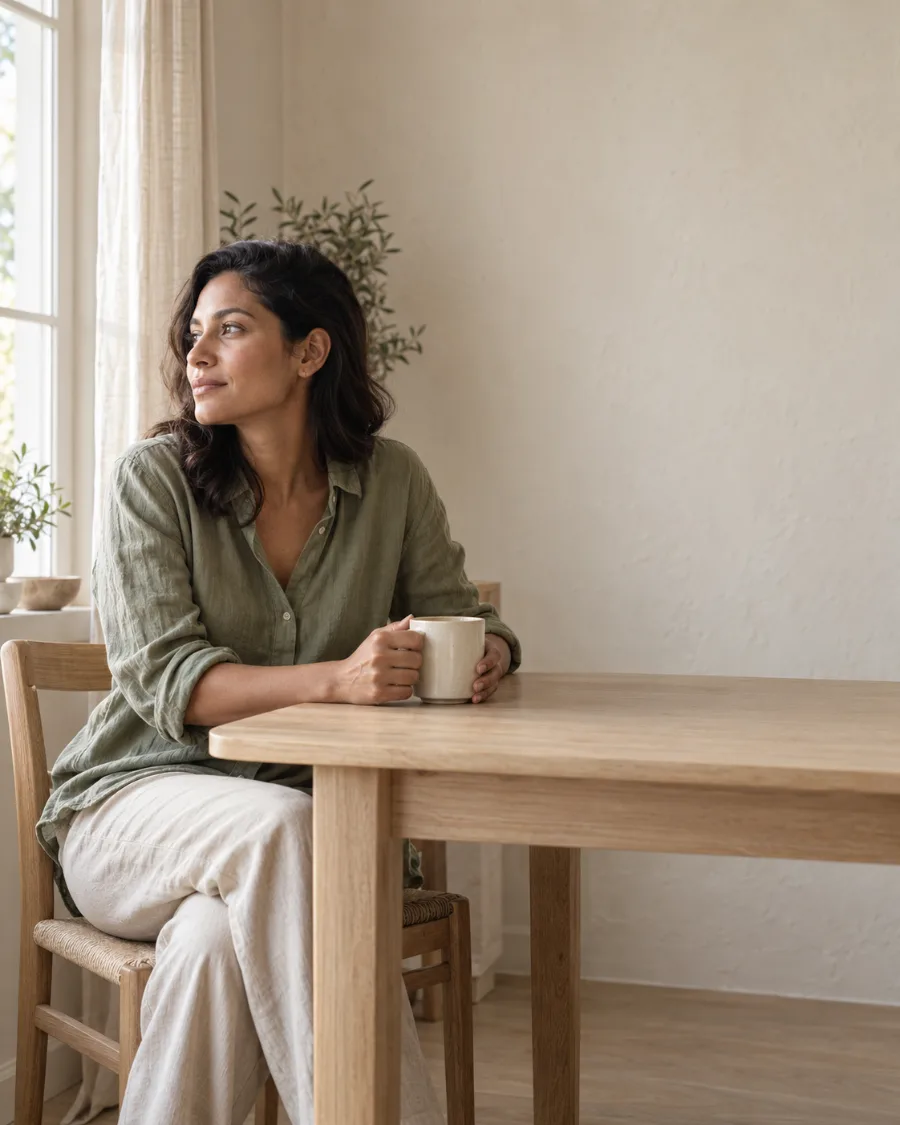 Woman at home in morning light, on a physician-guided weight loss plan