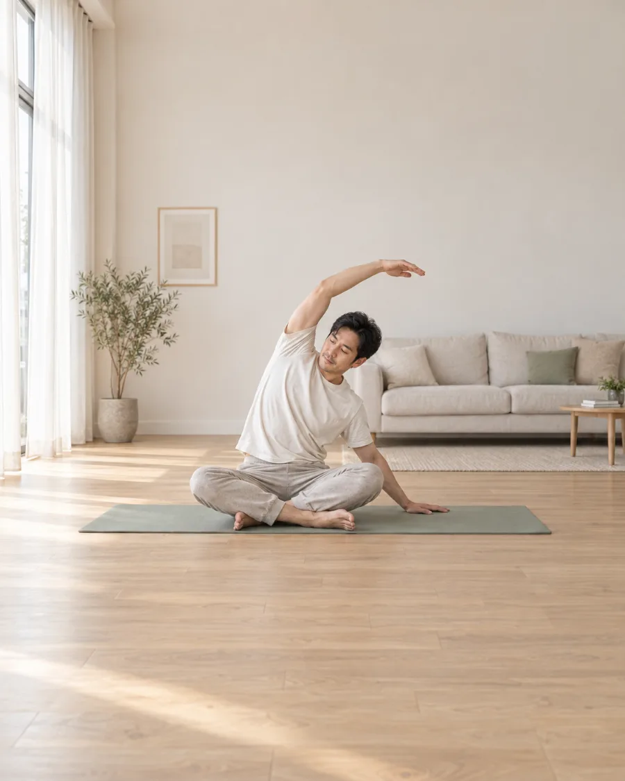 Stretching at home as part of a guided plan